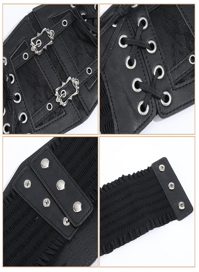 CABODYALS Black Faux Leather Waist Corset Belt Wide Vintage Medieval Around Obi Trendy Elastic Lace Up Waistband Belts with Alloy Buckle Loosens Bulk for Women Dress Shirts Clothes Costume Accessories - Image 5